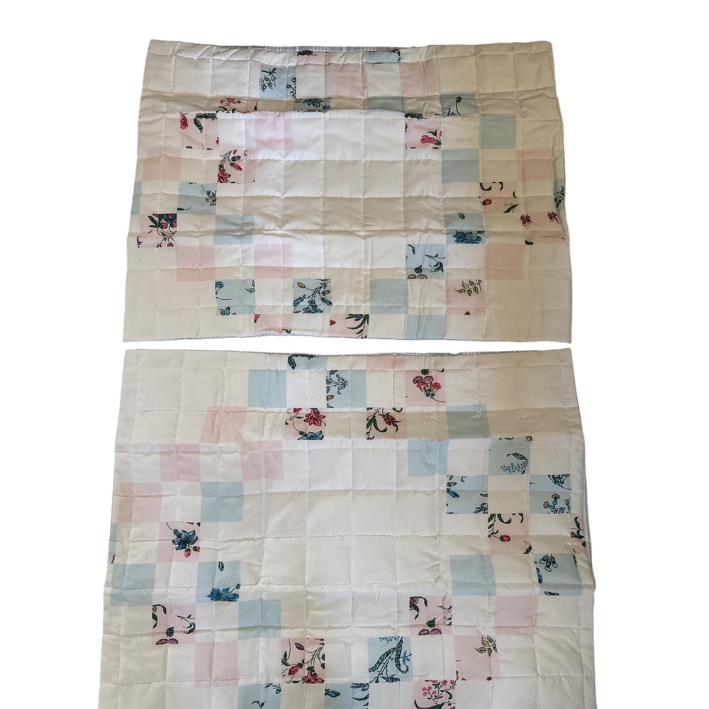 Quilted Patchwork Floral Pillow Shams Set of 2 Blue Pink White Reversible 20x27